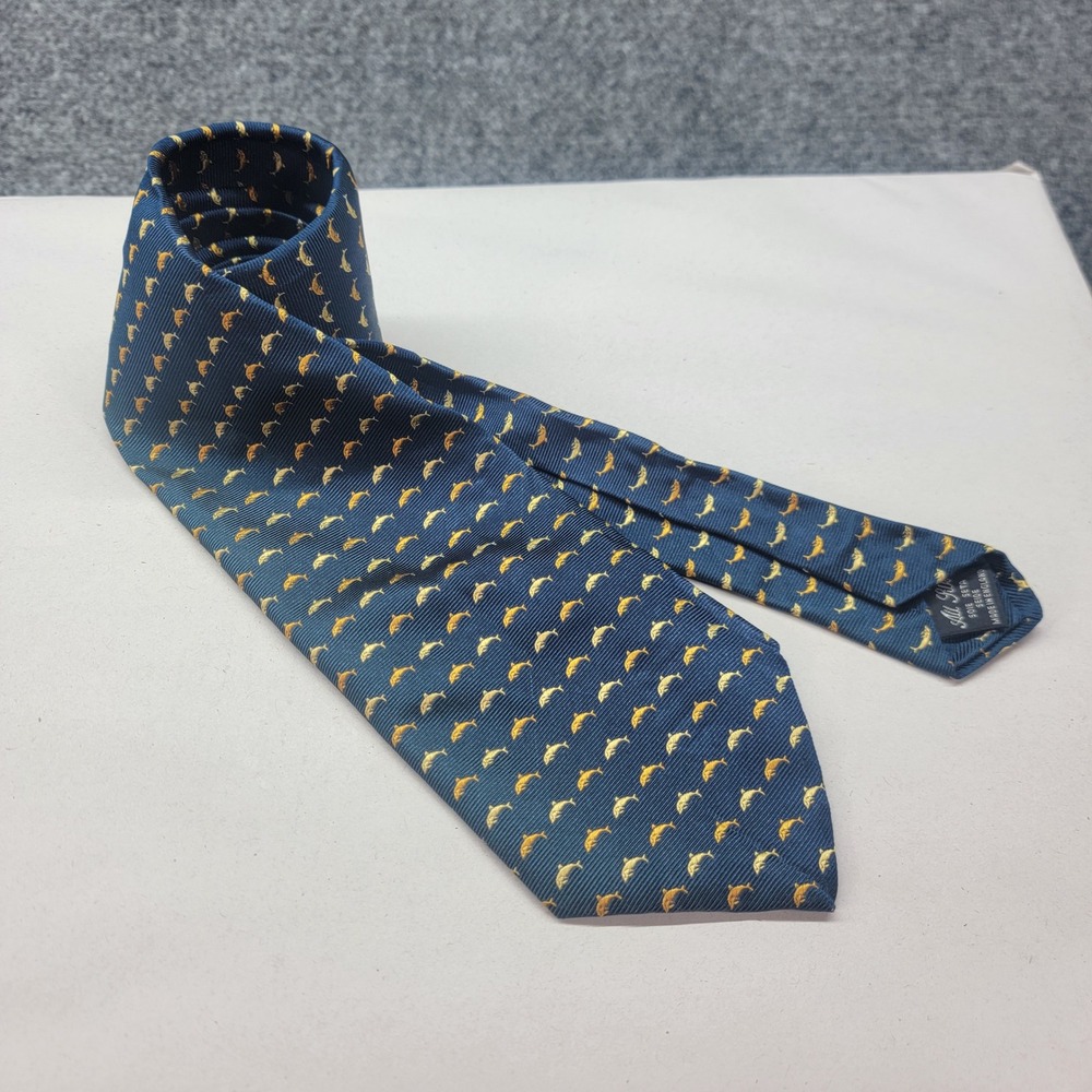 Burberrys Vintage Mens Silk Tie Navy Blue Gold Dolphin Animal Print England